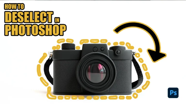 A digital camera with a yellow dashed outline, featuring the text "How to Deselect in Photoshop" in bold letters, with an arrow pointing to the selection. This image visually represents the concept of deselecting in Photoshop.