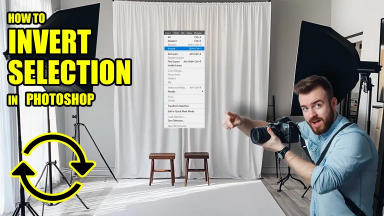 Photographer pointing to the "Invert Selection" option in Photoshop’s menu, demonstrating how to invert selection in Photoshop.