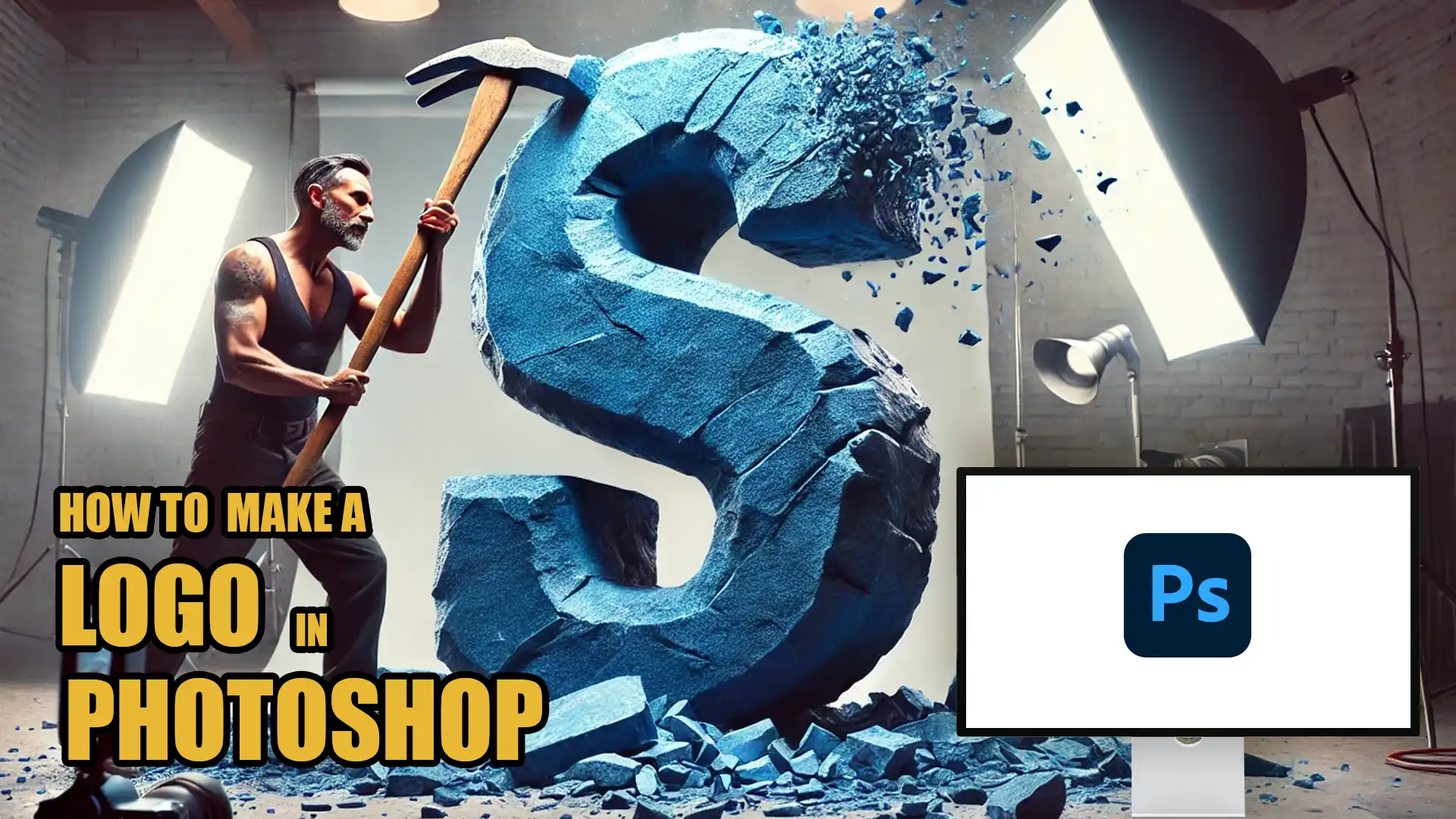 A man sculpting a large letter "S" with a hammer, symbolizing logo creation, with the text "How to Make a Logo in Photoshop."