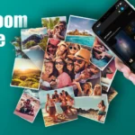 Hand holding a smartphone with Lightroom Mobile app open, alongside a collage of various photos, showing how to make a collage in Lightroom Mobile.