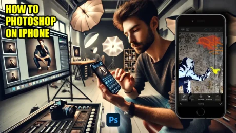 Man editing a photo on his iPhone while working in a professional studio, demonstrating how to Photoshop on iPhone.