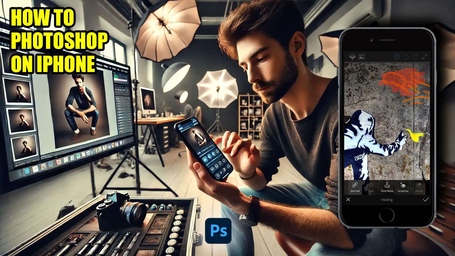 Man editing a photo on his iPhone while working in a professional studio, demonstrating how to Photoshop on iPhone.