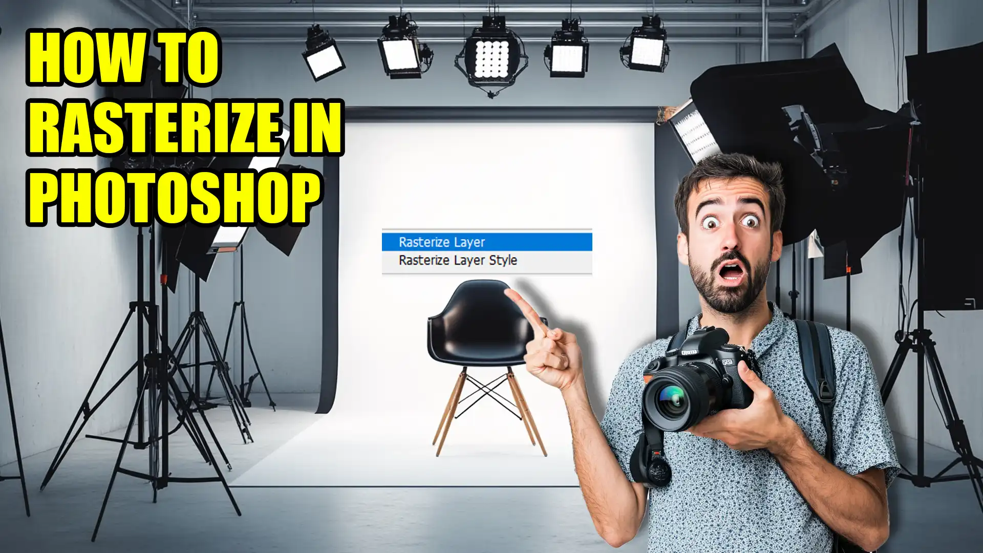 Photographer pointing to a Photoshop menu option showing "Rasterize Layer" in a studio setting, demonstrating how to rasterize in Photoshop.