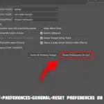Photoshop Preferences dialog box showing the 'Reset Preferences on Quit' option highlighted with a red arrow.