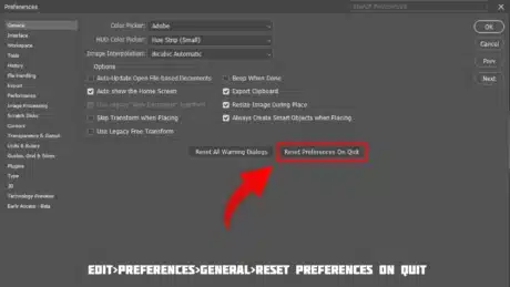 Photoshop Preferences dialog box showing the 'Reset Preferences on Quit' option highlighted with a red arrow.