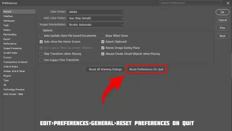 Photoshop Preferences dialog box showing the 'Reset Preferences on Quit' option highlighted with a red arrow.