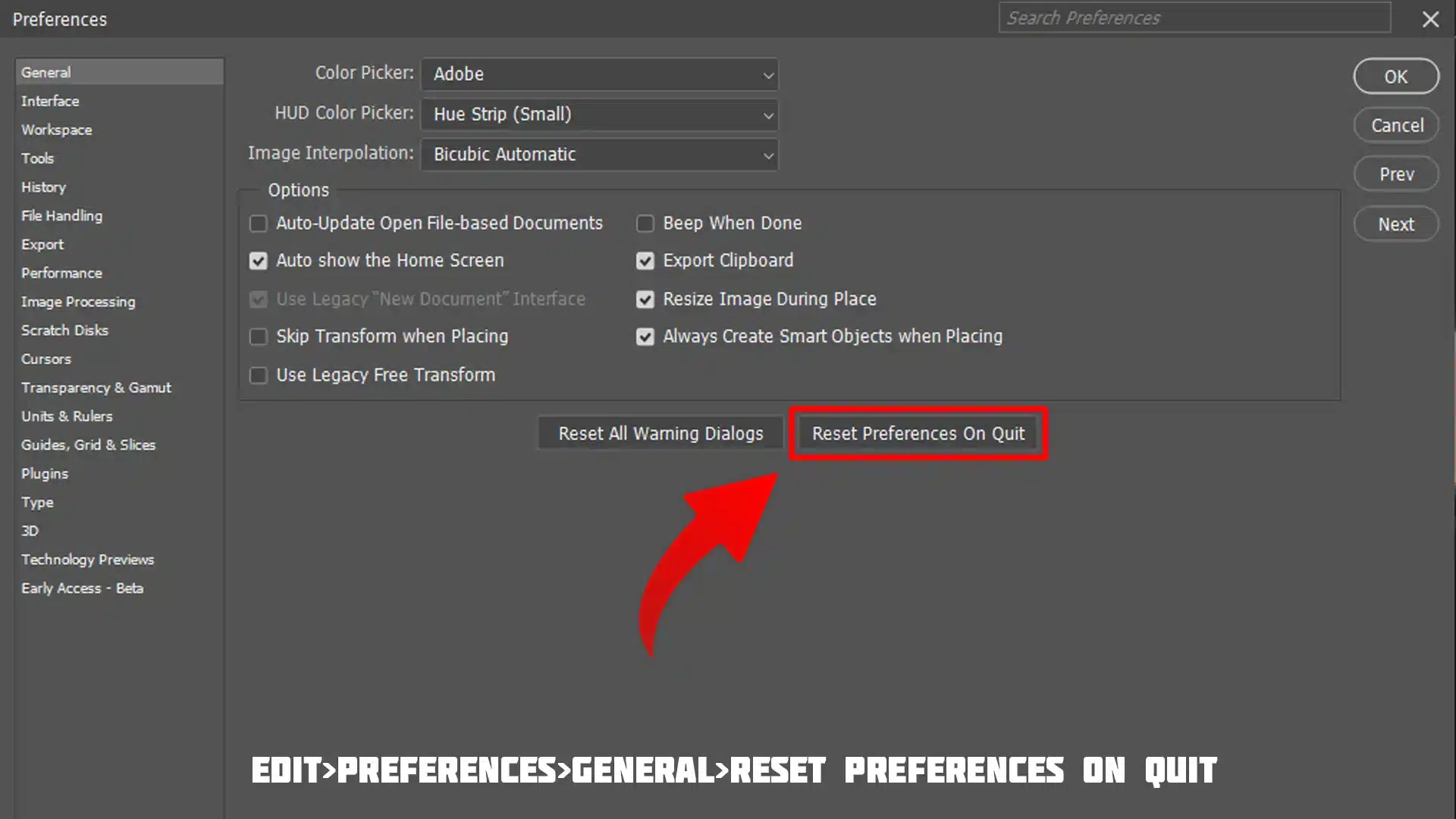 Photoshop Preferences dialog box showing the 'Reset Preferences on Quit' option highlighted with a red arrow.