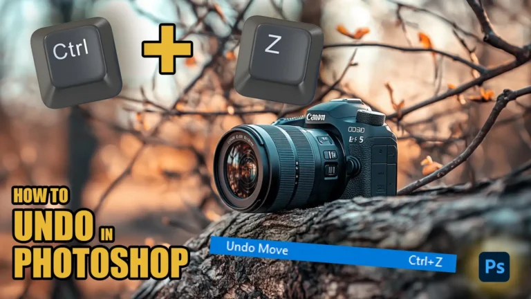 A camera placed on a tree branch with floating "Ctrl" and "Z" keys, along with text that says "How to Undo in Photoshop," showing the keyboard shortcut for undoing actions.