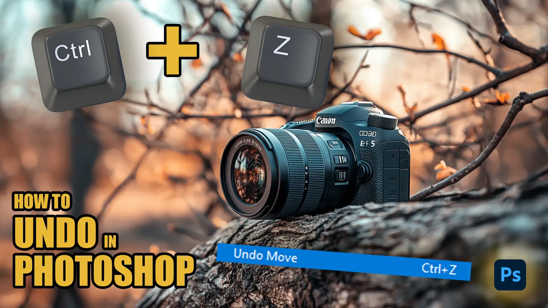 A camera placed on a tree branch with floating "Ctrl" and "Z" keys, along with text that says "How to Undo in Photoshop," showing the keyboard shortcut for undoing actions.