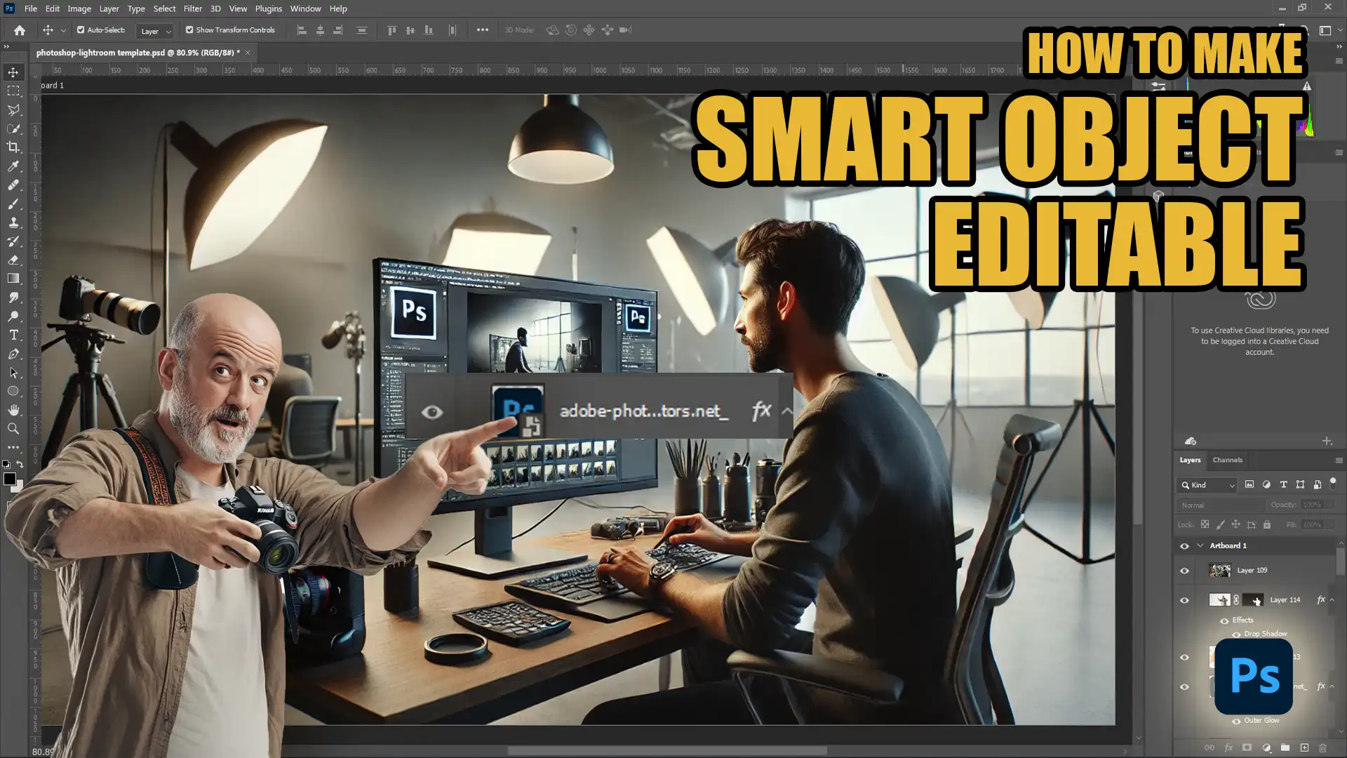 How to make smart object editable in Photoshop, showing a designer working on a computer with a photographer explaining the process.