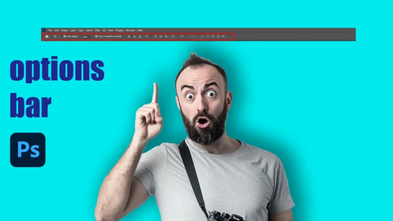 Man pointing up with a surprised expression, highlighting the Options Bar in Photoshop interface.