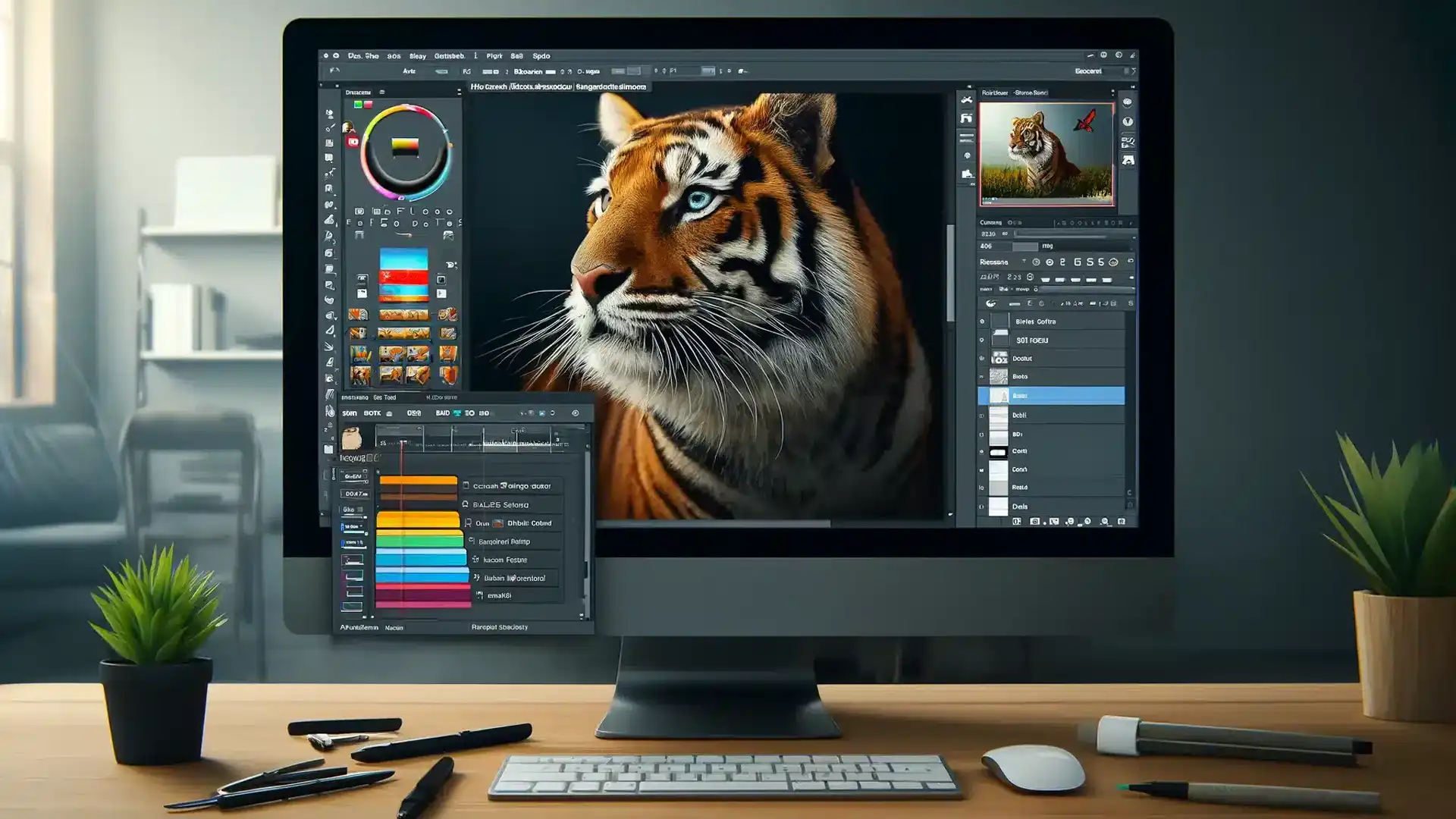 A computer screen displaying Adobe Photoshop with multiple image layers visible, showcasing a high-quality photo of an exotic animal, specifically a tiger. The workspace includes a 'Layers' panel with several image thumbnails stacked, emphasizing the process of adding an image to a layer in a minimalist, clean workspace.