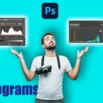 Man looking up with arms raised, showing examples of Photoshop Histograms in the background.