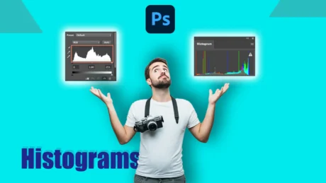 Man looking up with arms raised, showing examples of Photoshop Histograms in the background.