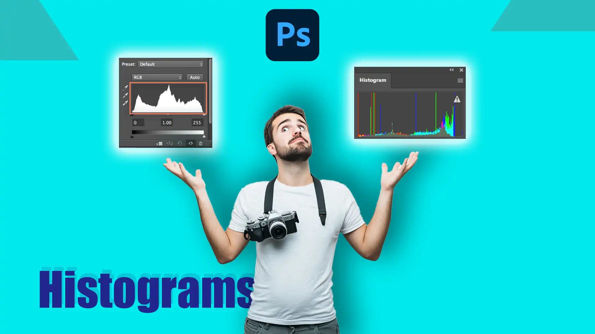 Man looking up with arms raised, showing examples of Photoshop Histograms in the background.