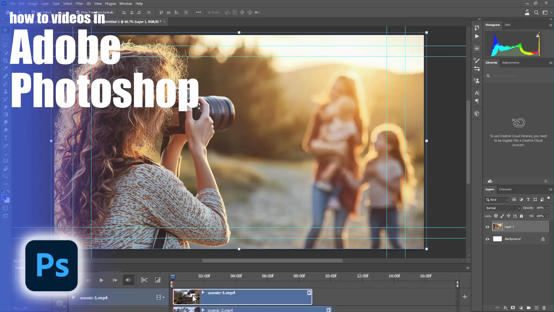 Photoshop interface displaying a timeline with video editing tools, showing the process of creating how-to videos in Adobe Photoshop.