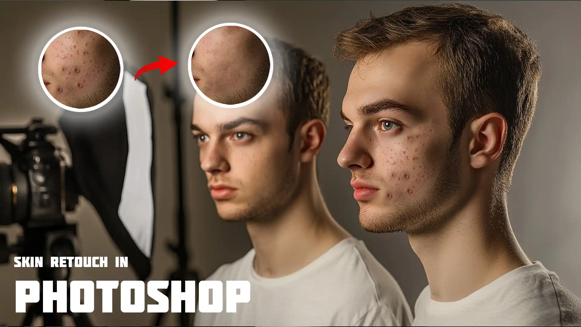 Side-by-side comparison of skin before and after Photoshop retouch, showing the effects of skin retouching techniques.