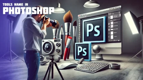 A male photographer in a modern studio taking a picture of real-life representations of Photoshop tools, such as the Brush Tool and Layers Panel, as physical objects.