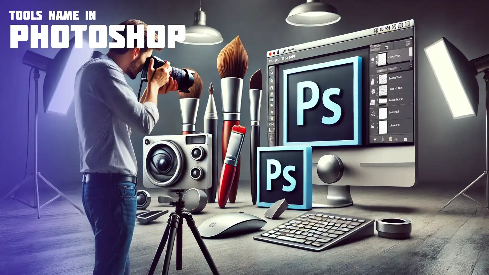 A male photographer in a modern studio taking a picture of real-life representations of Photoshop tools, such as the Brush Tool and Layers Panel, as physical objects.