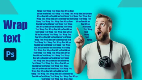 Man with surprised expression pointing up, demonstrating the concept of Wrap Text in Photoshop.