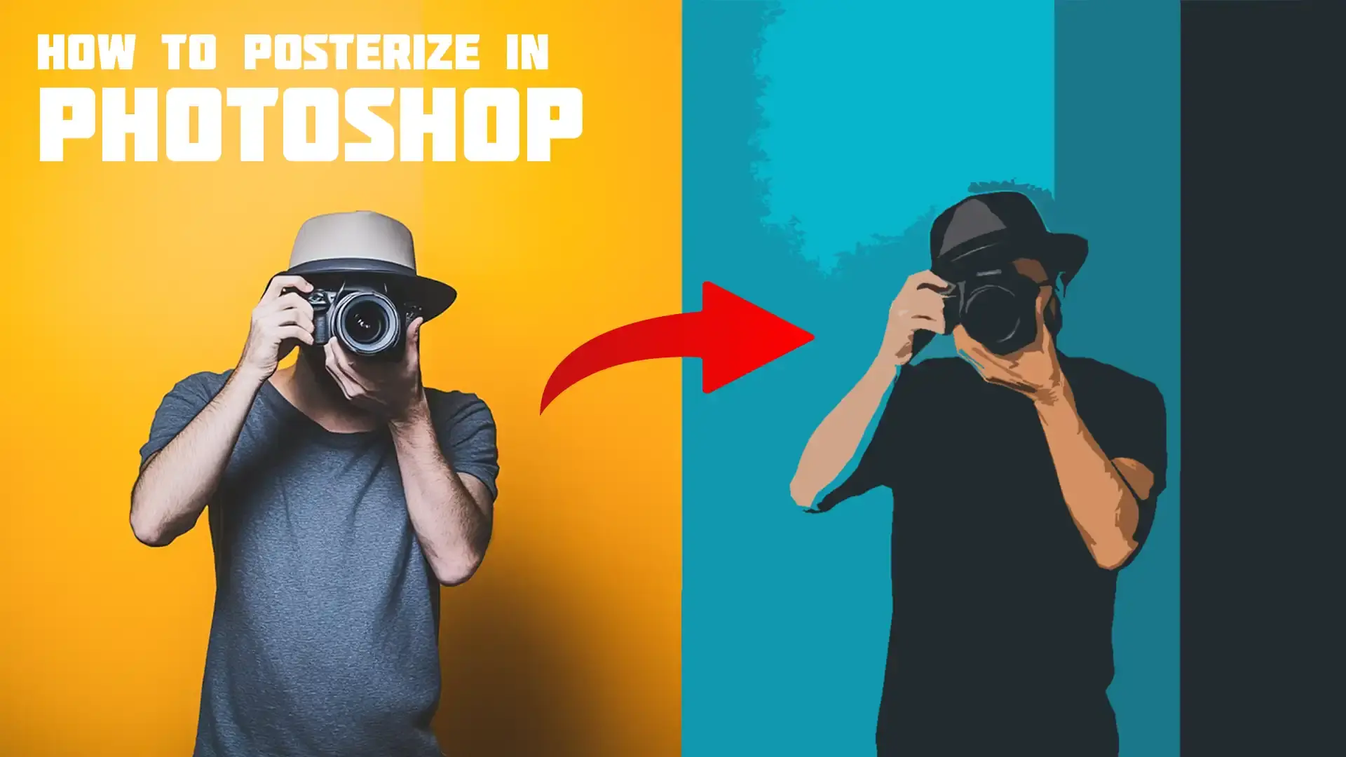 Comparison of a sharp and a pixelated image of a photographer holding a camera, showcasing the effect of simplifying colors of an image using Ps