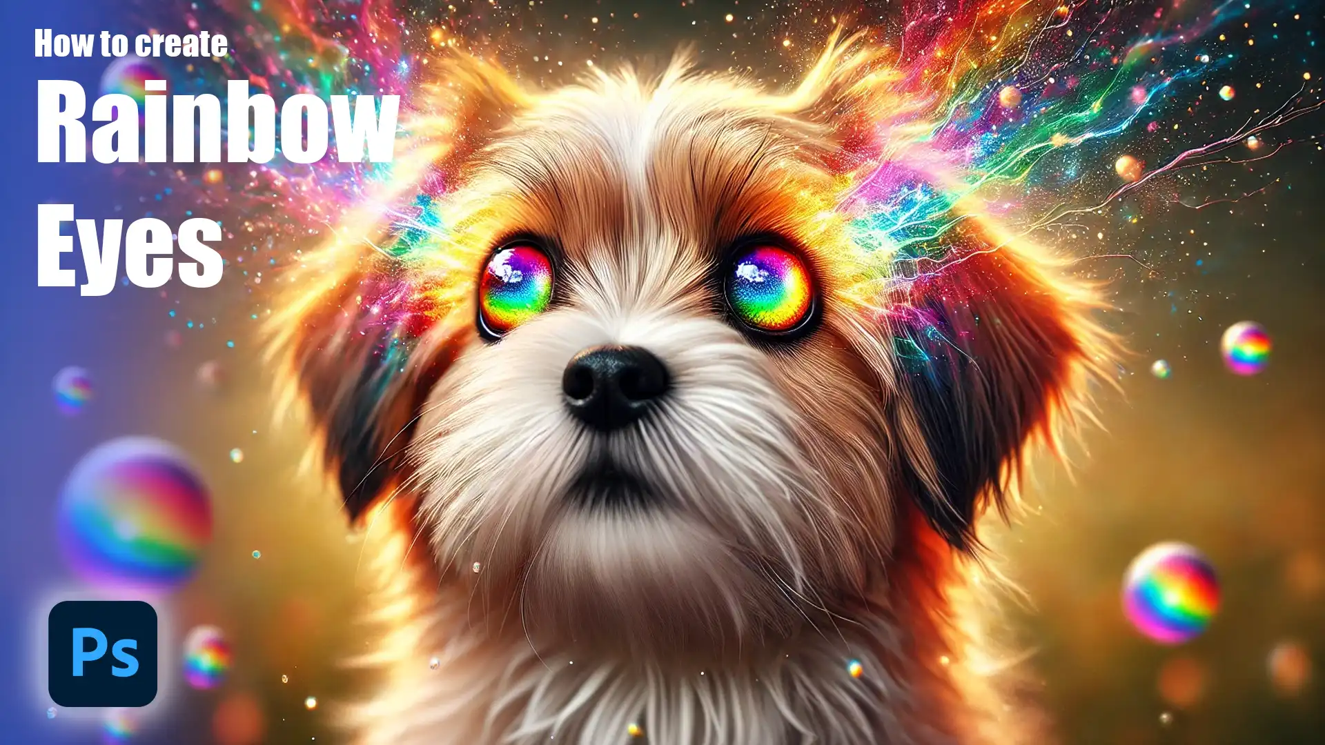 Creative digital artwork of a dog with vibrant rainbow eyes and colorful effects, demonstrating how to create rainbow eyes in Photoshop.