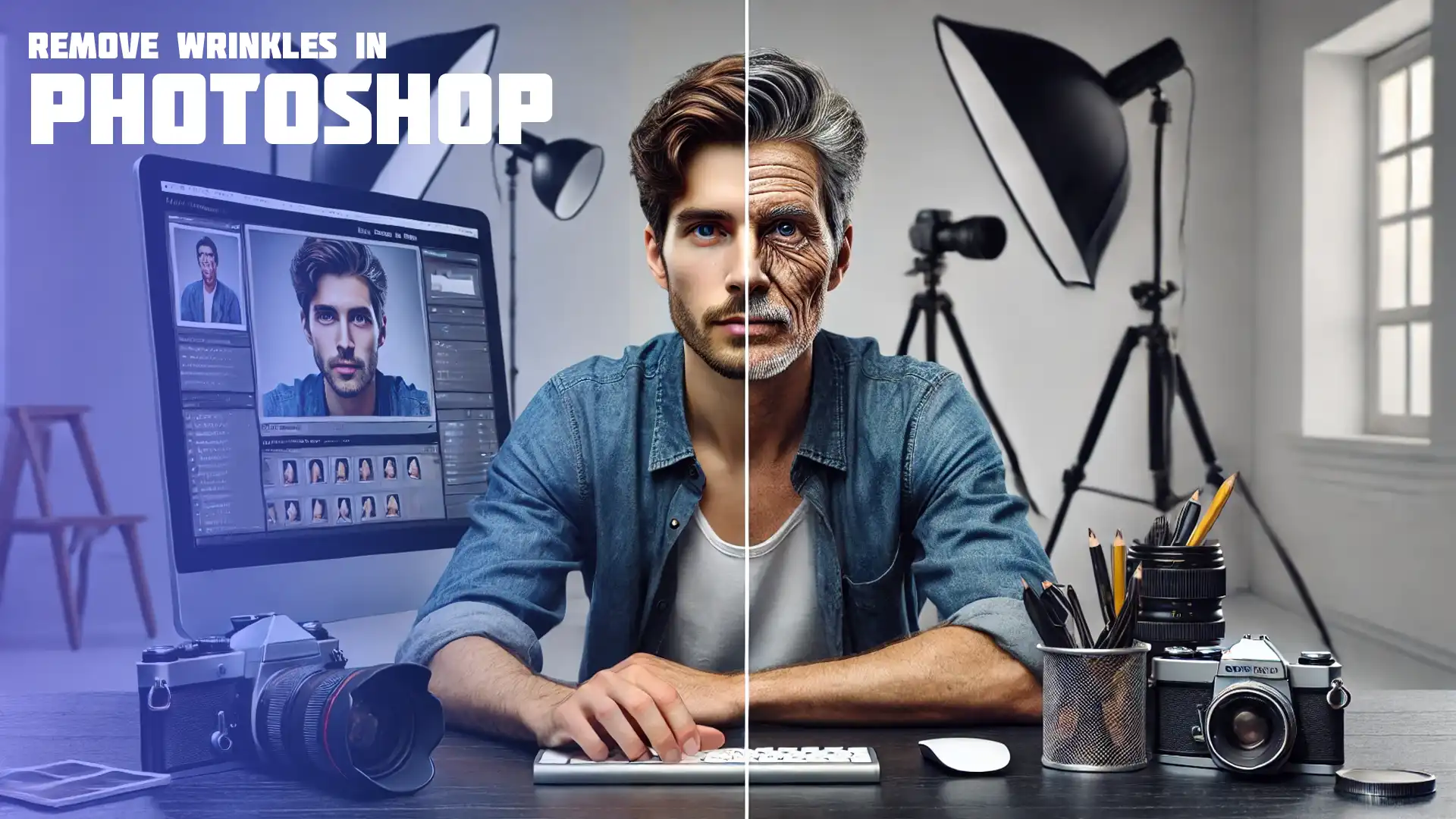 A side-by-side comparison of the same male photographer in a studio, one version with wrinkles and signs of aging, and the other without wrinkles, showing a youthful appearance.