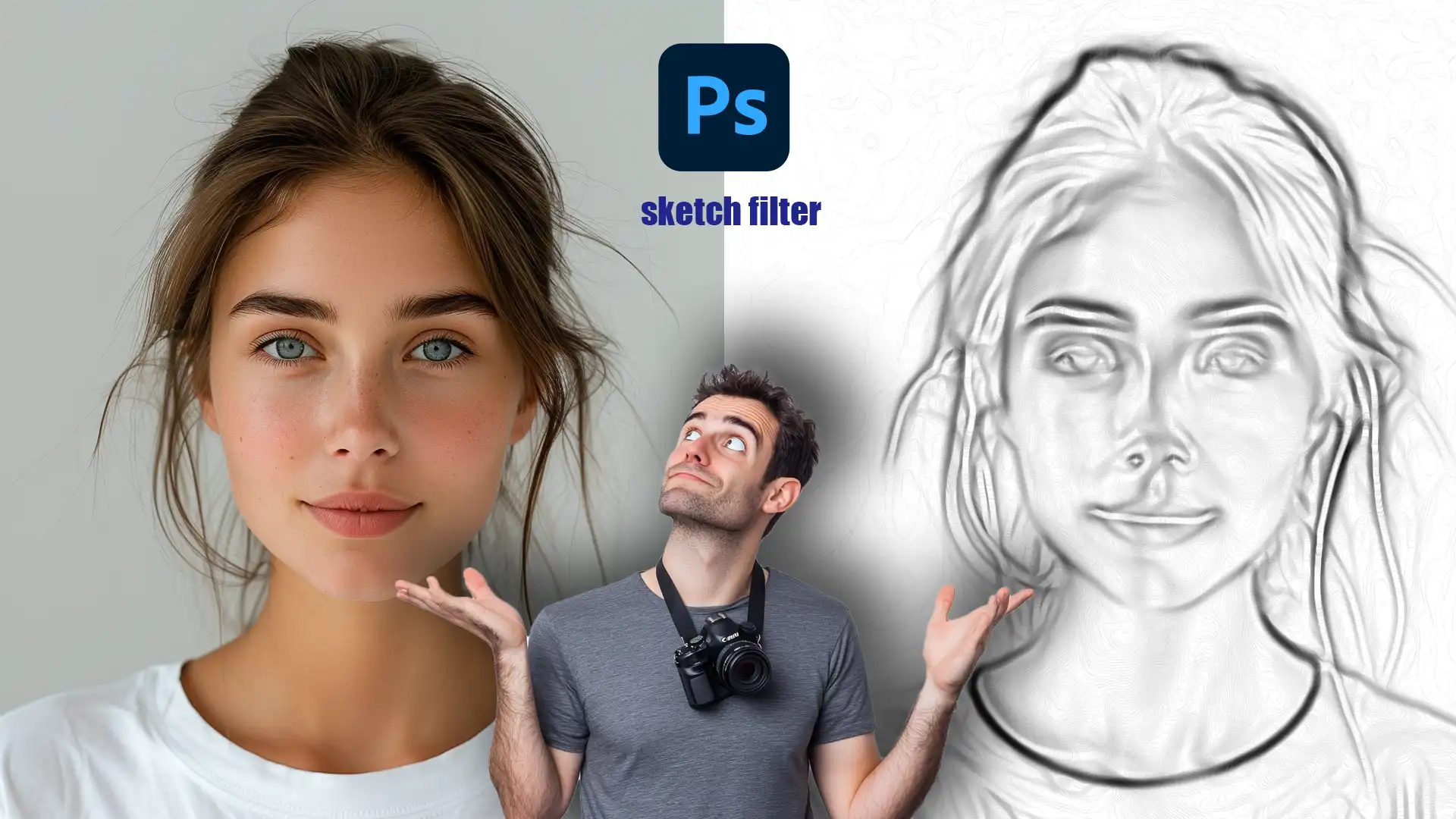 Comparison of a portrait and its sketch version created using the Sketch Filter in Photoshop.