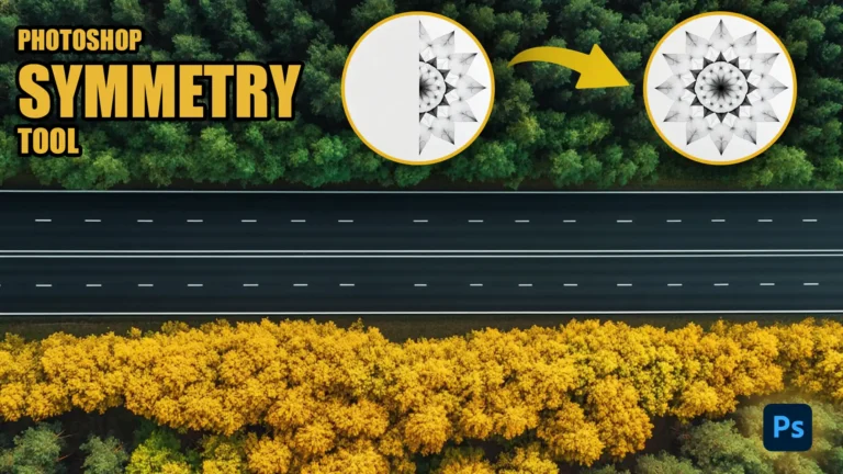 Photoshop Symmetry Tool illustration featuring a highway with symmetrical tree patterns on both sides and mandala designs showcasing the symmetry tool's capabilities