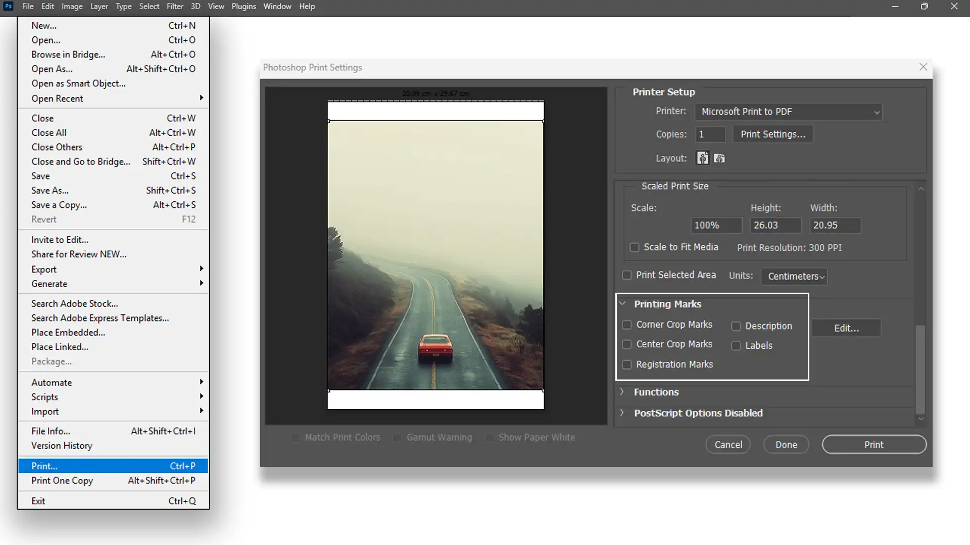Screenshot showing how to add crop marks in Photoshop for trimming