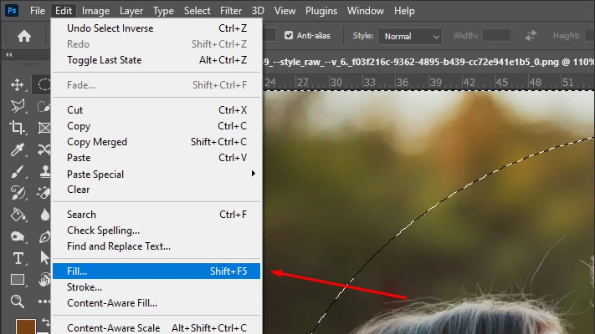 Screenshot of Photoshop showing how to add a white vignette using the Fill option from the Edit menu.