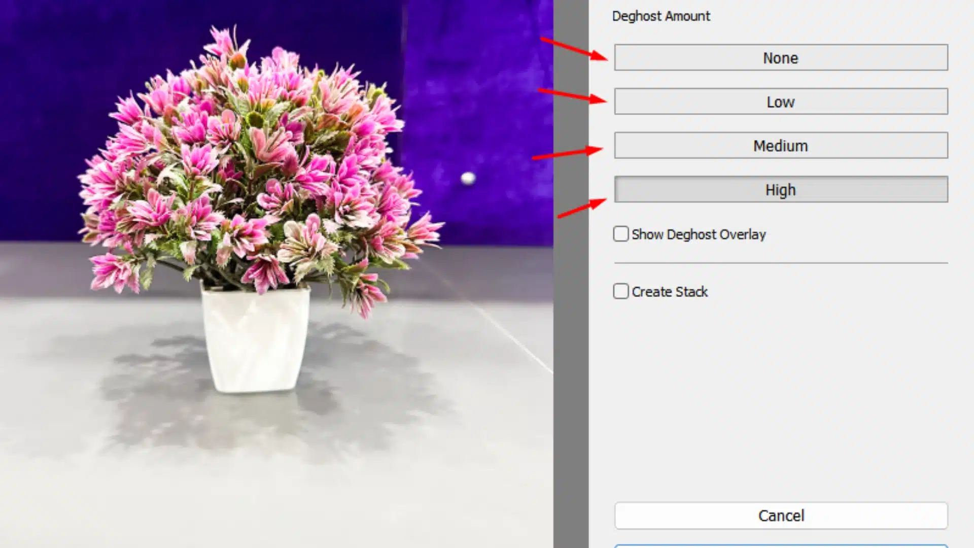 Lightroom HDR Merge window displaying deghosting options: None, Low, Medium, and High, next to a potted plant.