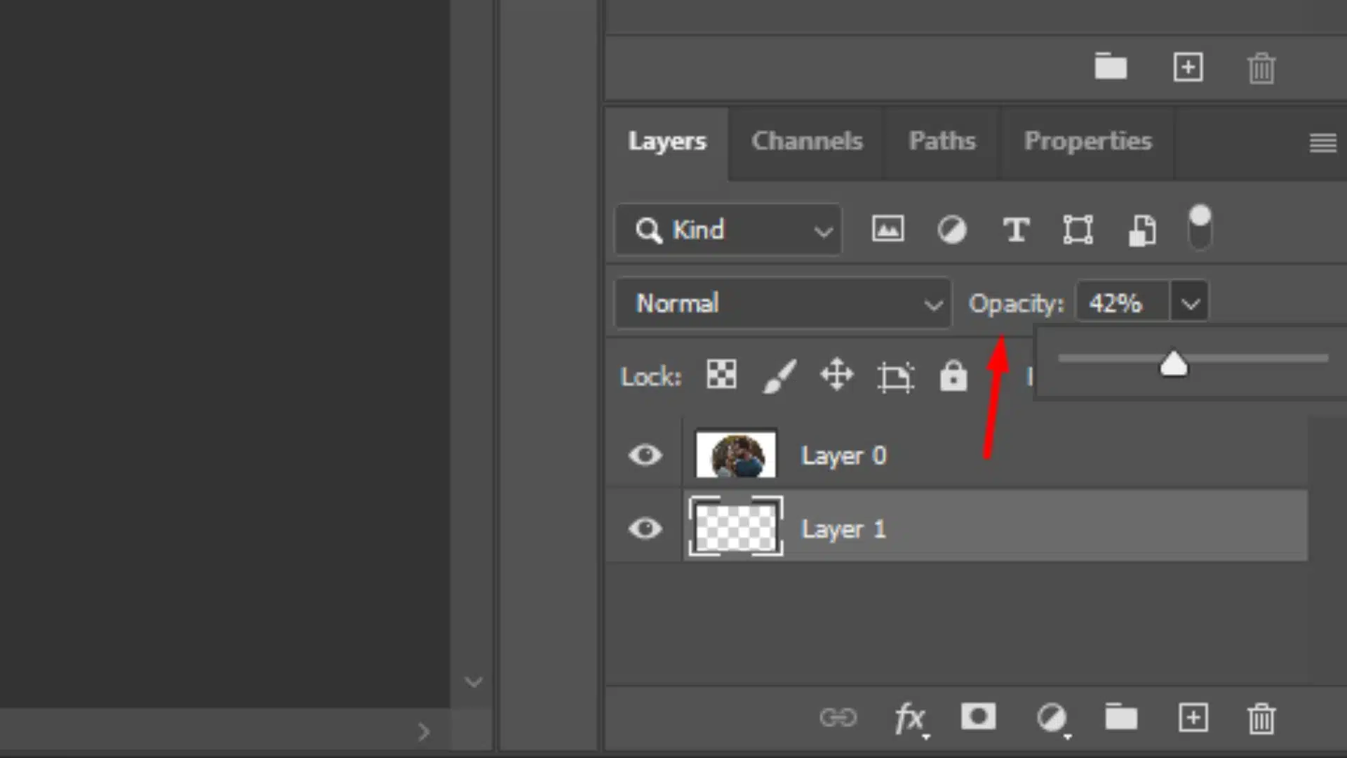 Screenshot of Photoshop showing how to adjust the opacity of the vignette layer in the Layers Panel.