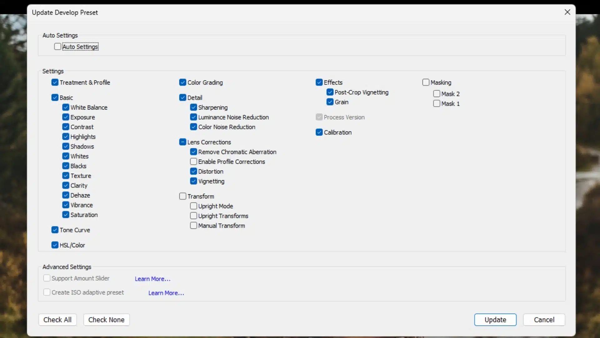 The image showing settings panel displaying adjustment options, including basic, color grading, and lens correction.