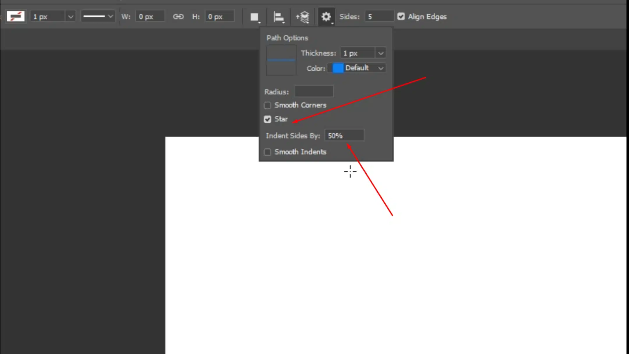 Photoshop interface showing the star ratio settings in the path options for adjusting star shape points.