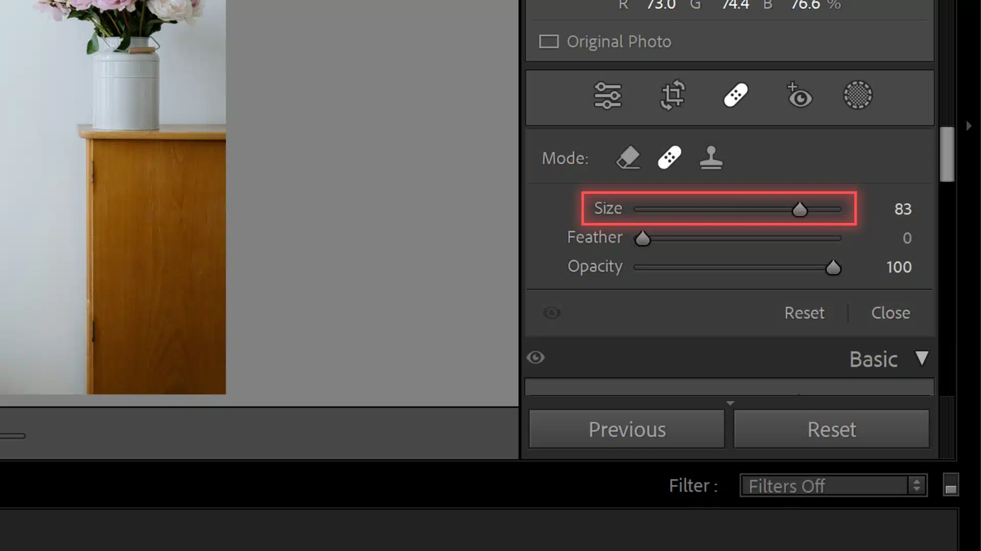 The screenshot shows Adobe Lightroom's Develop module with the Heal tool selected. The brush size slider is highlighted, indicating how to adjust the size of the brush for healing adjustments.