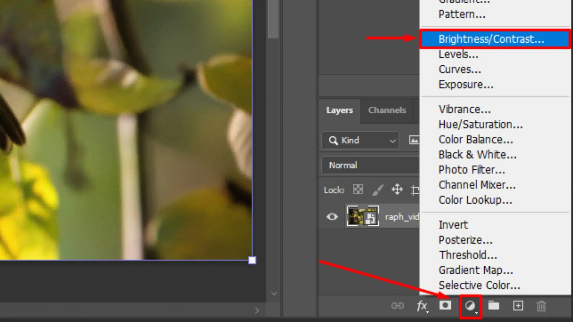 Selecting Brightness/Contrast adjustment layer in Photoshop for photo editing.