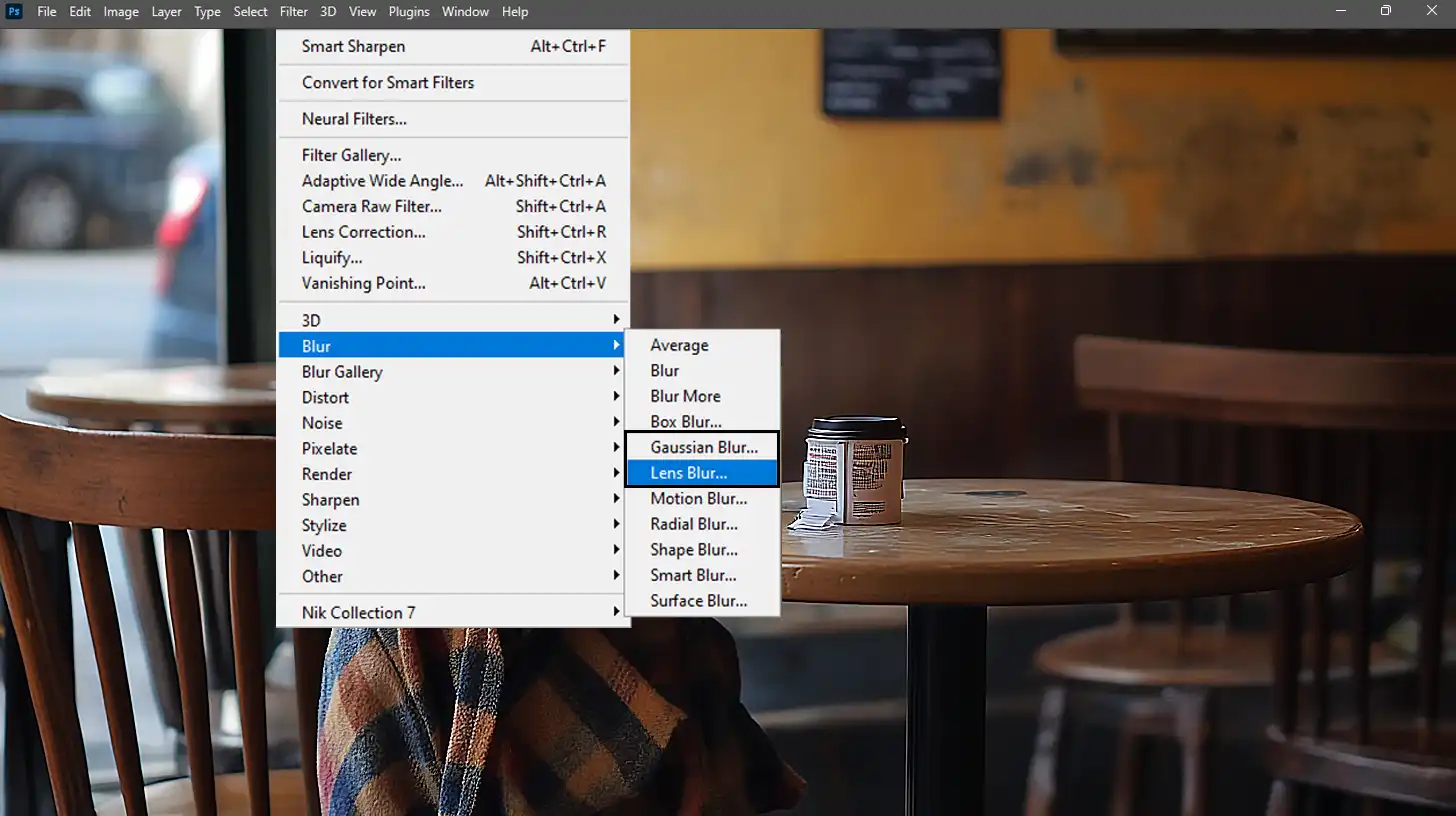 Ps' filter menu showing the options for applying "Lens Blur" and "Gaussian Blur" to selectively refocus or blur areas of an image