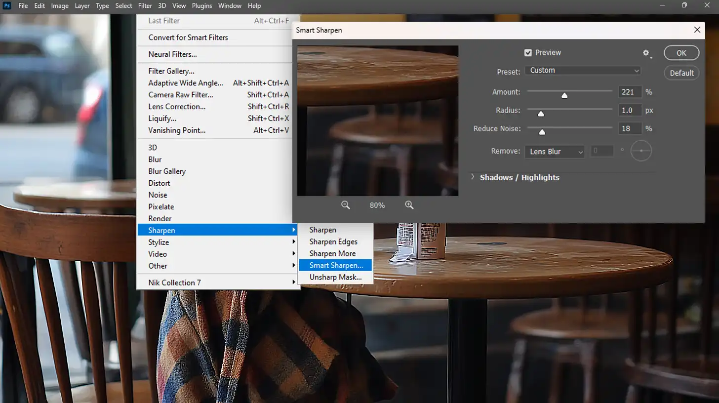 Photoshop's "Smart Sharpen" filter dialog with adjustable sliders for fine-tuning image sharpness