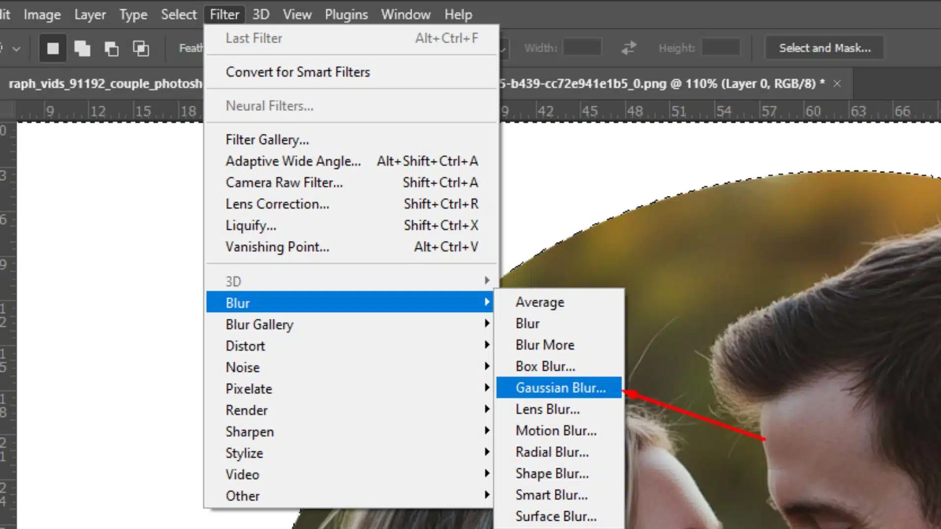 Screenshot of Photoshop showing how to apply Gaussian Blur to a White Vignette in Photoshop.