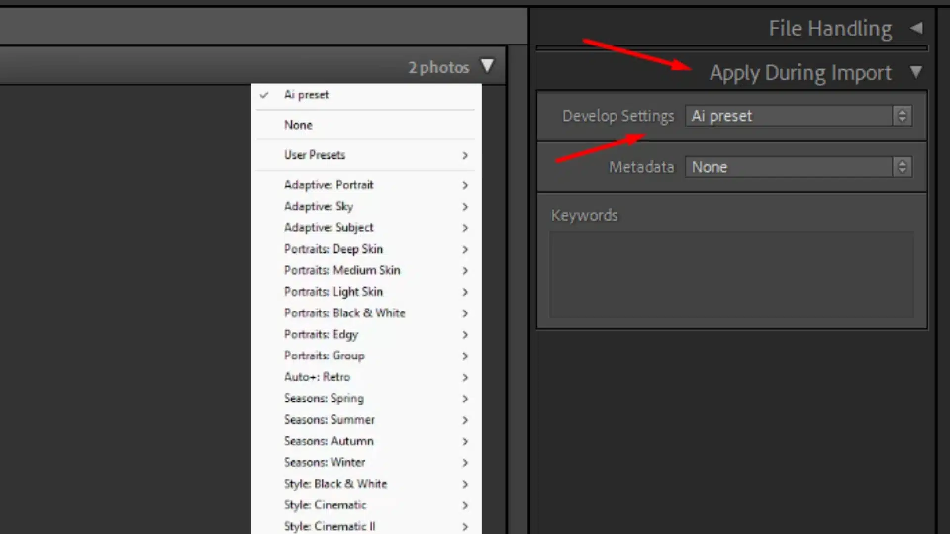 This interface showing the option to apply develop settings and keywords during import with a red arrow pointing to the "Apply During Import" section.