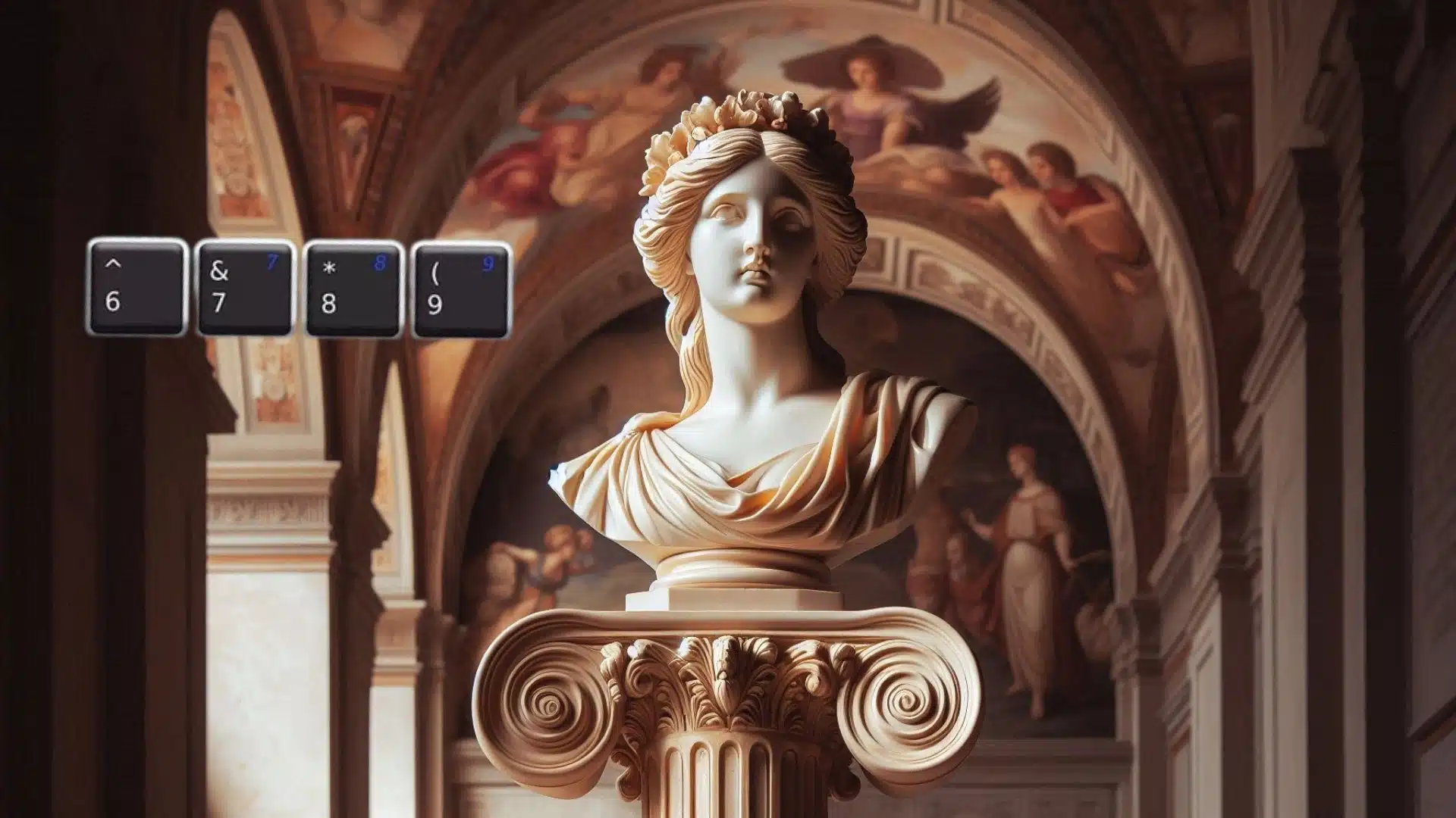 A classical sculpture with Lightroom keyboard shortcuts displayed on the top left.