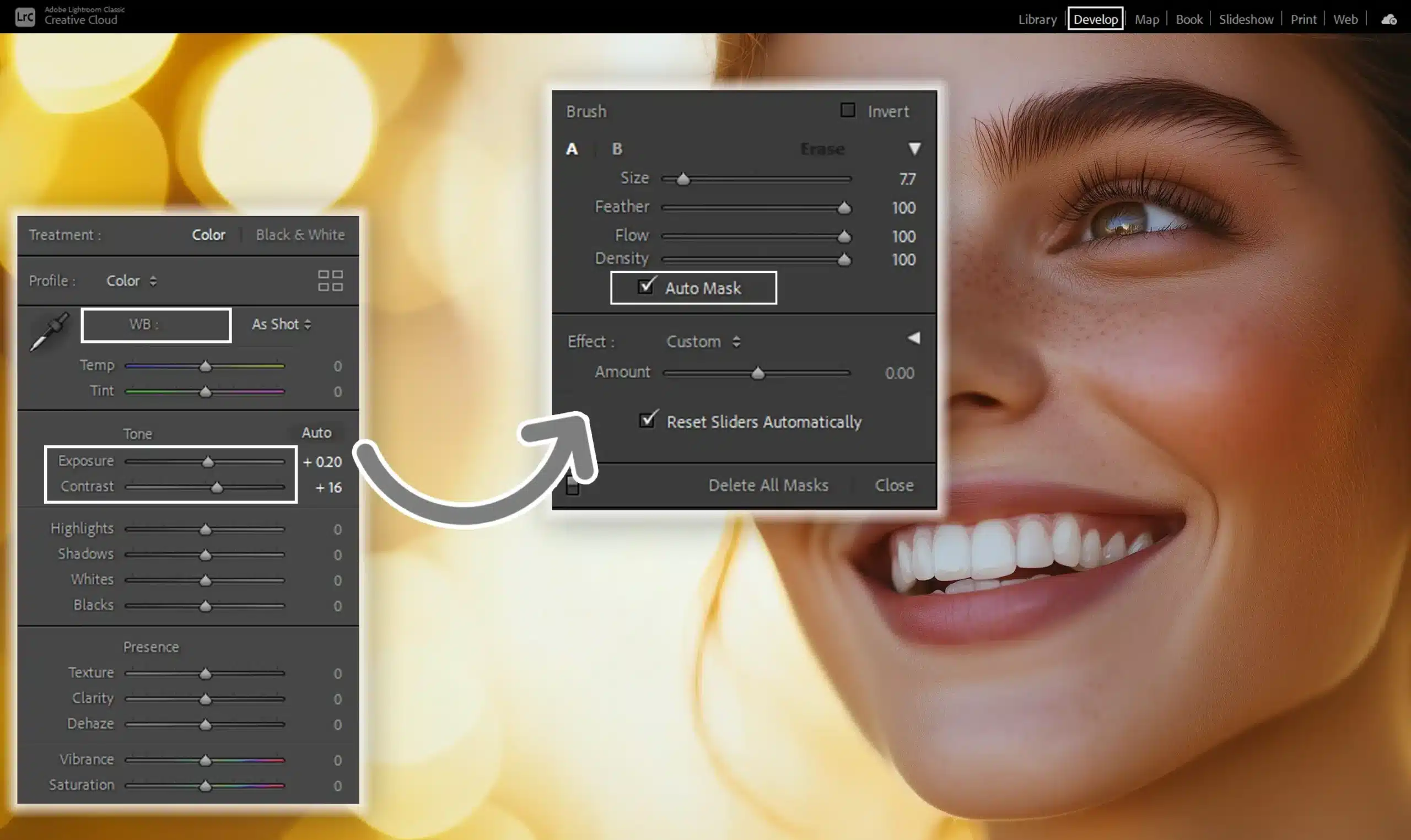 Balancing brightness and contrast in Lightroom for seamless teeth whitening