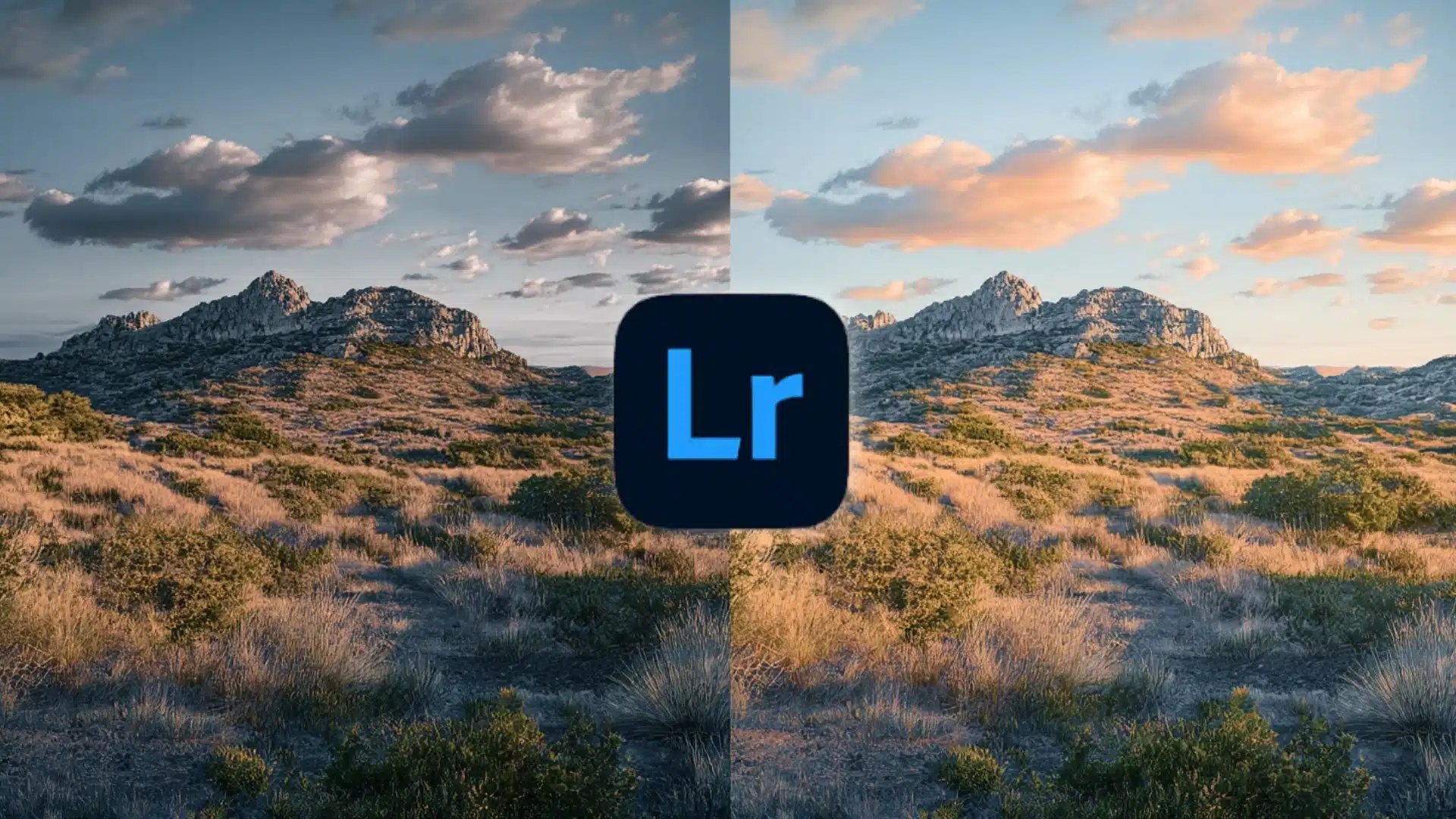 A side-by-side comparison of landscape photos before and after editing in Lightroom, featuring the Lightroom logo in the center and highlighting the benefits of CR2 Lightroom editing.