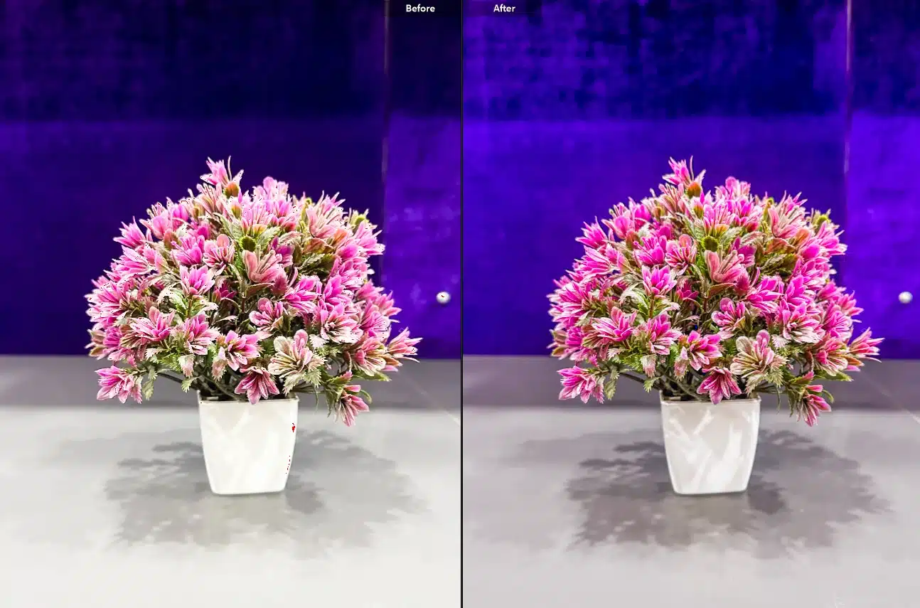 Side-by-side comparison of a flower arrangement before and after using Lightroom's deghosting feature to remove ghosting artifacts.