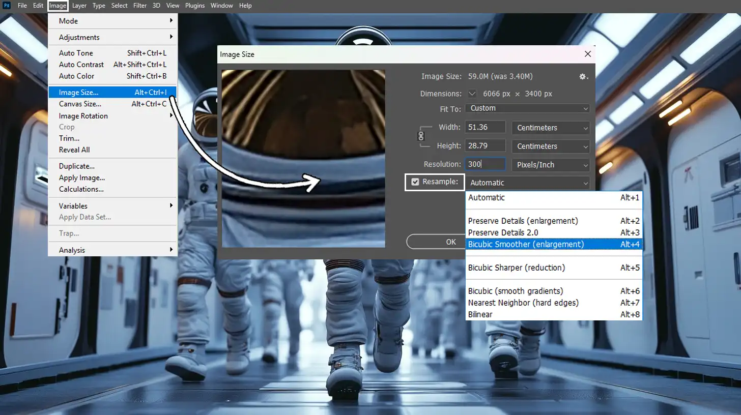 Photoshop Image Size dialog box with Bicubic Smoother interpolation method selected