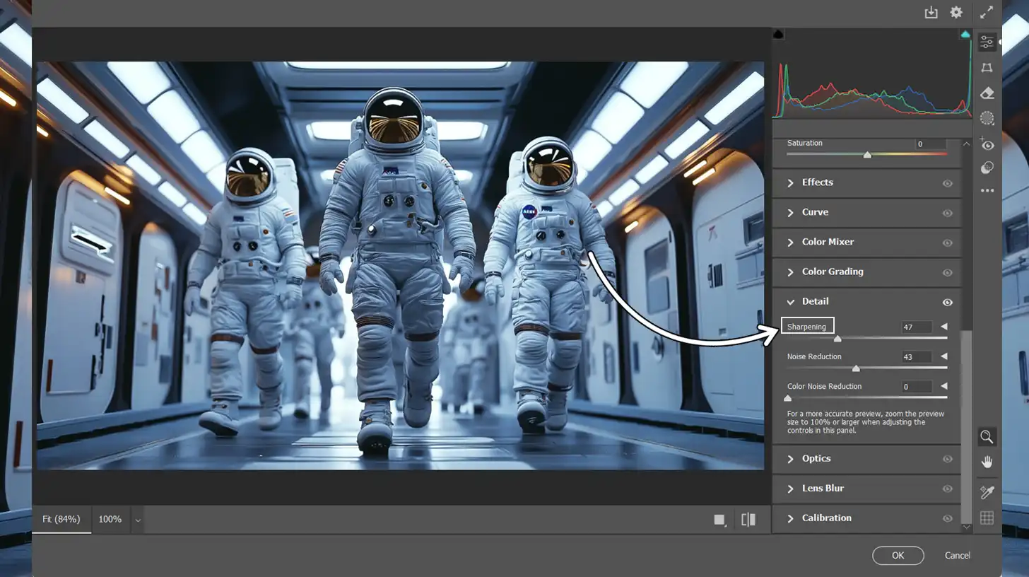 Camera Raw Filter panel in Ps with sharpening and noise reduction options displayed