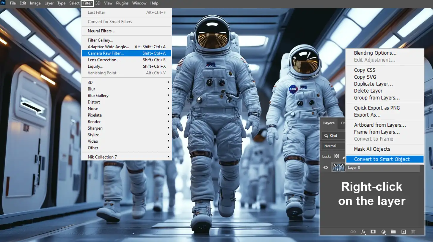 Photoshop menu highlighting the Camera Raw Filter option for enhancing image resolution