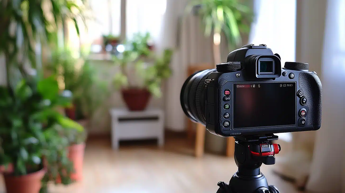 A DSLR camera on a tripod, positioned indoors, ready to capture bracketed exposures with a blurred background of plants and soft light.