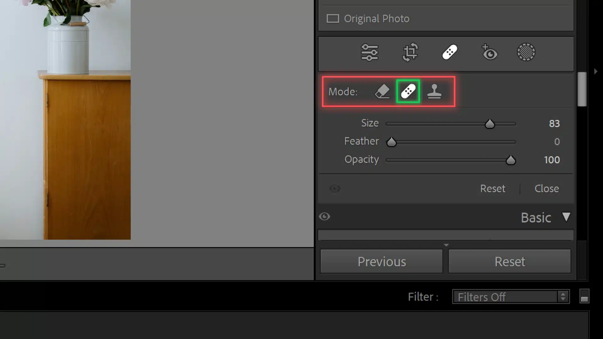 The screenshot shows Adobe Lightroom's Develop module with the toolbar open, highlighting the Heal tool for selection. The icon is clearly marked among other editing tools, indicating its function for image correction.